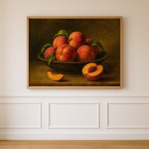 Oil painting print of a bowl of ripe peaches with leaves, a sliced peach and peach wedge on a table, classical moody fruit still life kitchen wall art