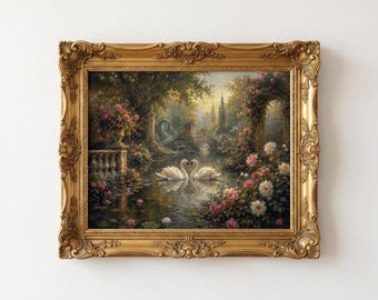 Romantic Swan PRINT, Cottagecore Lake Garden Wall Art, Vintage Moody Bird Painting Decor