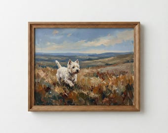 Westie Dog Oil Painting Print, Textured Meadow Landscape, Rustic Cabin Wall Decor