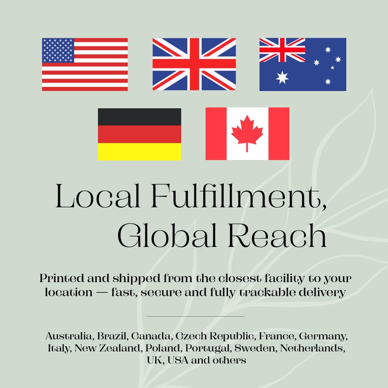 May include: A graphic display featuring the flags of the USA, UK, Australia, Germany, and Canada. The text reads: Local Fulfillment, Global Reach, followed by details about printed and shipped items, and a list of countries including Australia and USA.