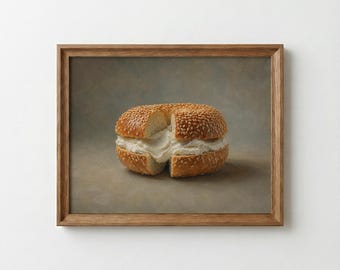 Textured Bagel Cream Cheese PRINT, Oil Painting Food Art, Neutral Kitchen Decor