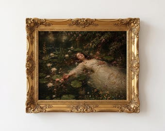 Ophelia Moody Romantic Oil Painting Print, Dark Academia Wall Art for Gothic Cottagecore Decor