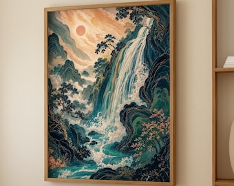 Waterfall PRINT, Ukiyo-e Japanese Art, Blue Green Japandi Landscape Wall Decor