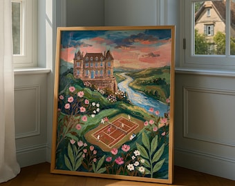 Chateau Tennis Court Sunset Print – Whimsical French Countryside Wall Art