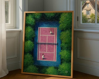 Pink Tennis Court Art Print: Modern Whimsical Tennis Decor
