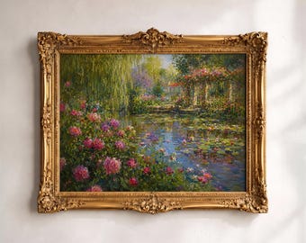 Pink Rose Water Garden Art PRINT, Impressionist Floral Landscape Decor