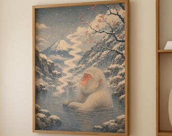 Japanese Snow Monkey Onsen PRINT, Ukiyo-e Style Mount Fuji Wall Art, Japandi Bathroom Decor