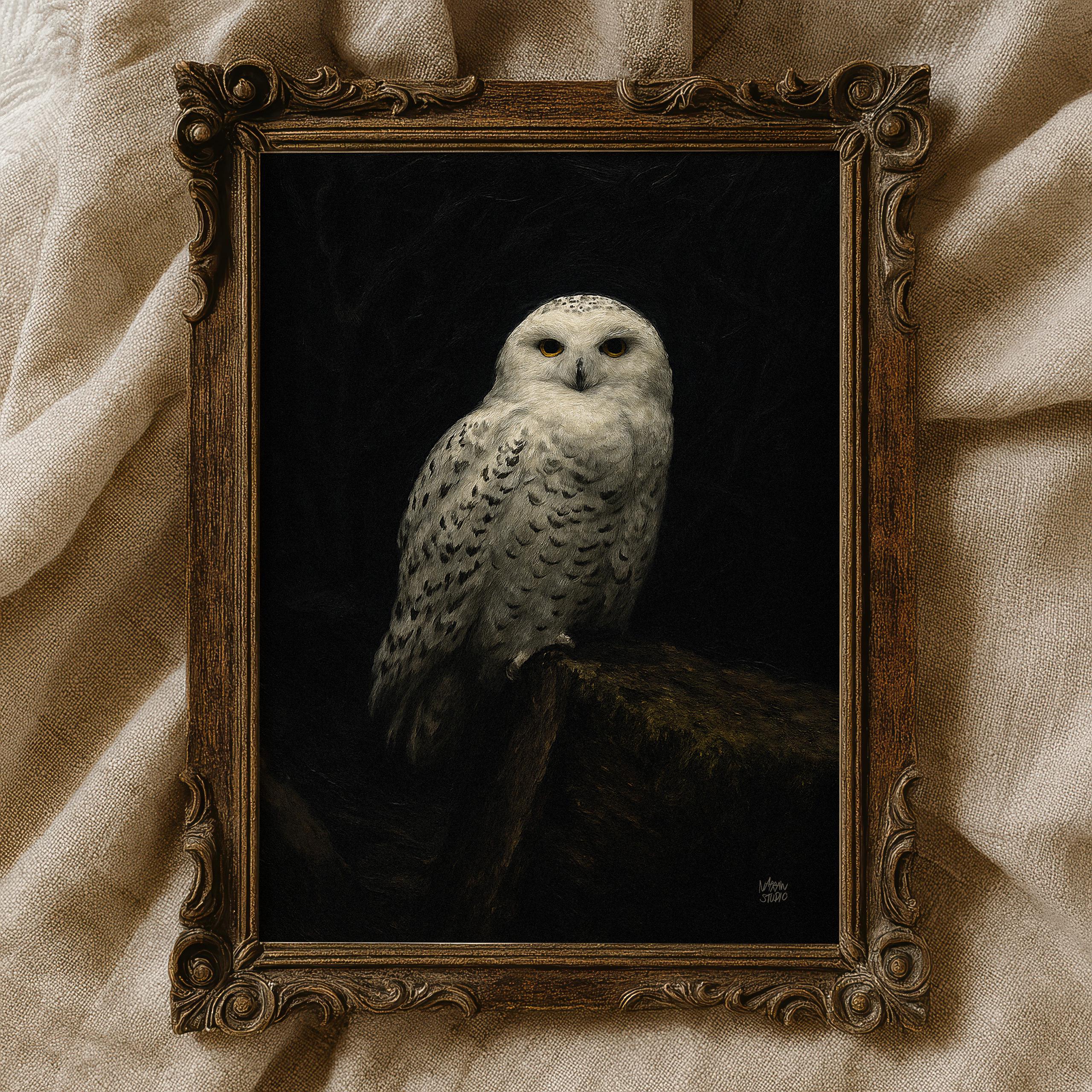 Snowy Owl Art Print – Mystical Wildlife Portrait – Dark Academia Decor