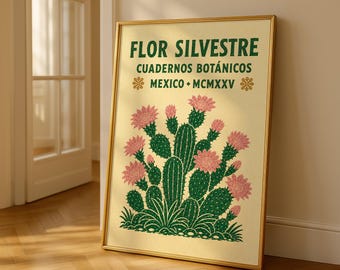 Vintage Mexican Cactus Print, Linocut Blooming Desert Art, Southwest Poster