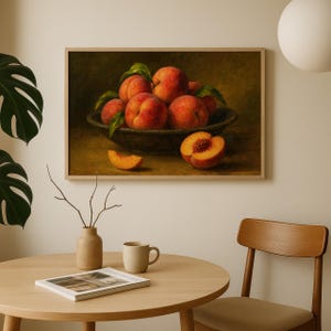 Oil painting print of a bowl of ripe peaches with leaves, a sliced peach and peach wedge on a table, classical moody fruit still life kitchen wall art