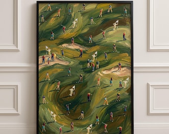 Mini Golfers Landscape, Golf Course Pattern Print, Oil Painting Style Sports Wall Art