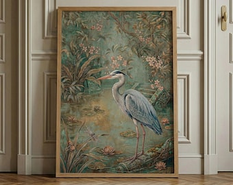 Blue Heron Print, William Morris Inspired Bird Wall Art, Antique Marsh Landscape Decor