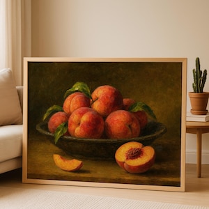 Oil painting print of a bowl of ripe peaches with leaves, a sliced peach and peach wedge on a table, classical moody fruit still life kitchen wall art