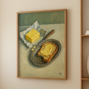 Butter Oil Painting Print – Rustic Bread and Salted Butter Still Life