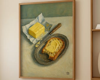 Butter Oil Painting Print – Rustic Bread and Salted Butter Still Life