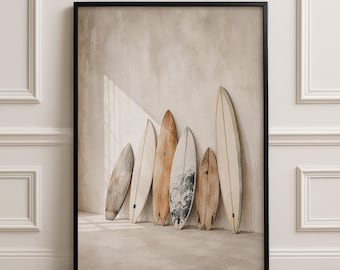 Neutral Surfboard Print, Minimal Coastal Beach Artwork, Vintage Surfing Living Room Decor