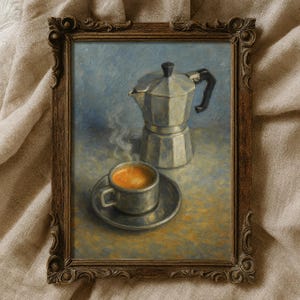 Może przedstawiać: Obraz olejny przedstawiający martwą naturę z kawą w dekoracyjnej brązowej ramie. Przedstawiono srebrny ekspres do kawy i filiżankę kawy na spodku. Para unosi się z filiżanki, sugerując, że kawa jest gorąca. Tło jest jasnoniebieskie.