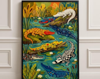 Vibrant Gator Swamp Fine Art Print - Quirky Nature Wall Decor