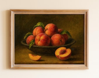 May include: A framed still life painting of peaches. The painting depicts a dark bowl filled with ripe peaches, some with green leaves. A peach slice and a halved peach are in the foreground. The frame is a light brown color.