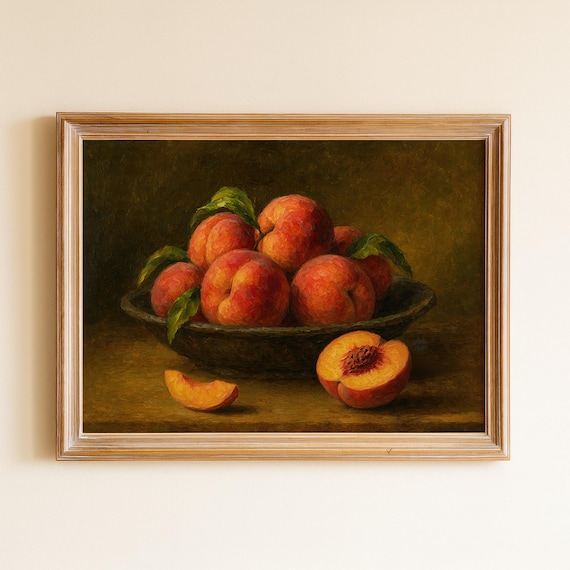 Peach Still Life Oil Painting Print, Moody Fruit Kitchen Wall Art