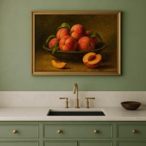 Oil painting print of a bowl of ripe peaches with leaves, a sliced peach and peach wedge on a table, classical moody fruit still life kitchen wall art