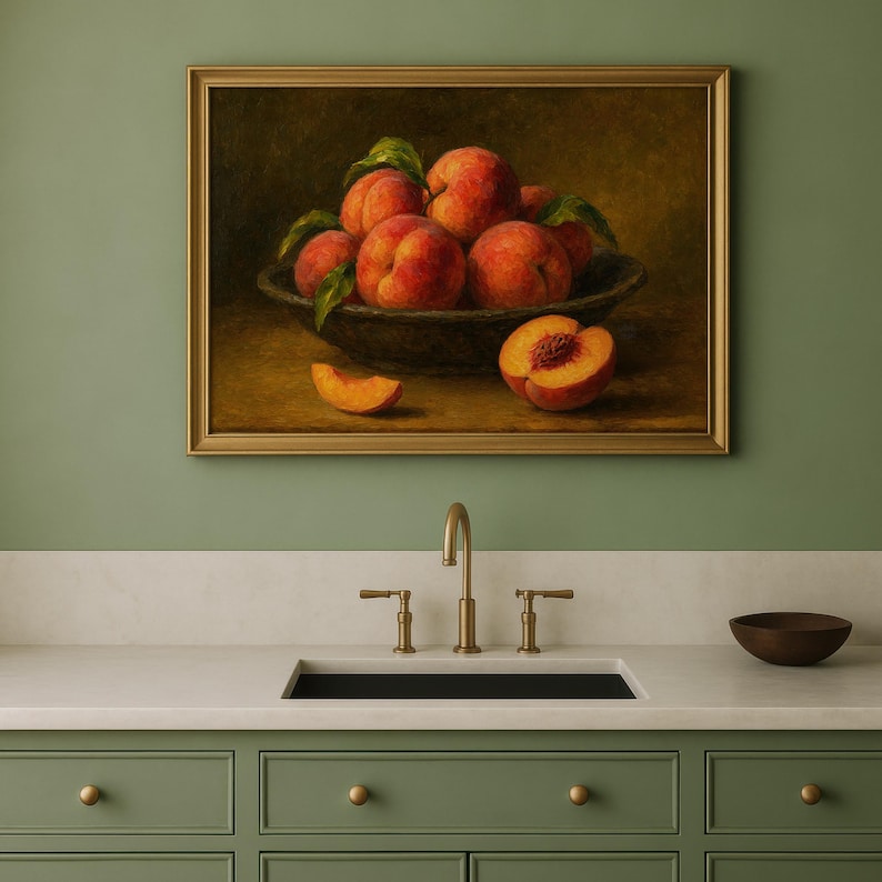Oil painting print of a bowl of ripe peaches with leaves, a sliced peach and peach wedge on a table, classical moody fruit still life kitchen wall art