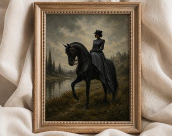 Black Woman Equestrian Print, Victorian Horseback Portrait, Moody Oil Painting Wall Art