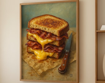 May include: A framed print depicting a grilled cheese and bacon sandwich. The sandwich features layers of crispy bacon and melted cheese between toasted bread. A knife with a wooden handle is placed beside the sandwich on parchment paper.
