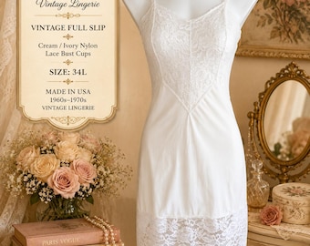 Vanity Fair Full Slip Talla 34L Crema Marfil Encaje Busto Copa Nylon Lencería Vintage