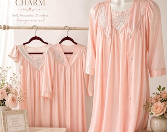 Vintage Shadowline Peignoir Set Small Pink Nylon Floral Appliqué Nightgown Robe USA Made