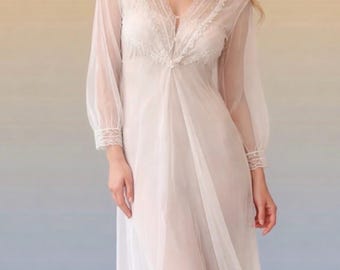 Vintage Sears Charmode White Nylon Peignoir Set Sheer Lace Robe & Nightgown Size Small USA