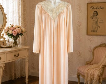 Vintage Shadowline Peach Peignoir Set NOS Robe Nightgown Lace Satin Appliqué Small