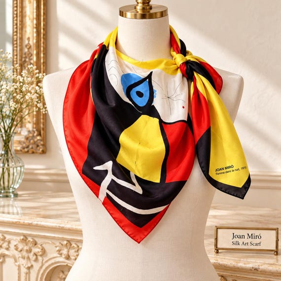 Vintage Agorart Joan Miro 1990s Sheer Silk Art Scarf Red Yellow Black 53x53