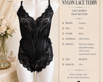 Gotham Black Nylon Lace Teddy Bodysuit Snap Bottom 1970s XS Small