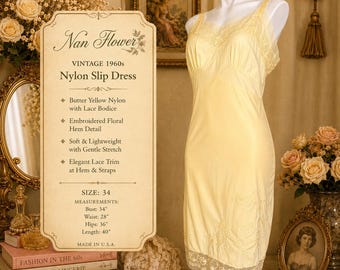 Zeldzame vintage Nan Flower botergeel nylon slipdress kanten lijfje geborduurde zoom jaren 1960-lingerie