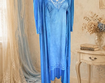 Vintage Kayser badjas/onderjurk set van blauw nylon kant uit de jaren 70, maat Large 38