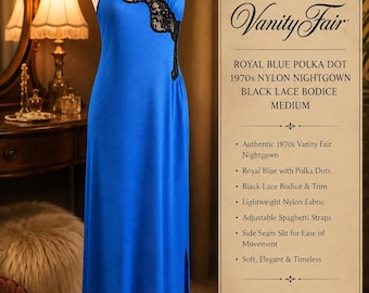 Camisón de nailon azul marino con lunares de Vanity Fair de los años 70 con corpiño de encaje negro, talla M