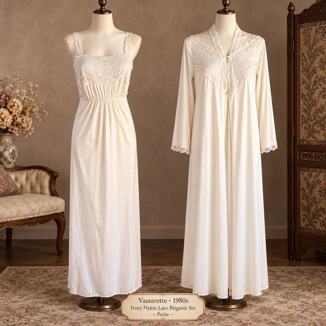 Robe de chambre vintage Vassarette années 1980 en dentelle de nylon ...