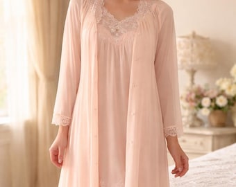 Vintage Shadowline Peignoir Set Pink Nylon Lace Embroidered Babydoll Nightgown Robe S