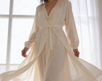 ヴィンテージ 70年代 ミス・エレイン アイボリー ペニョワールセット ナイトガウン ローブ アメリカ製