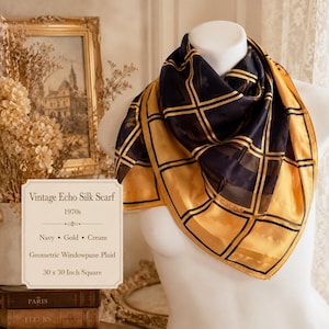 Vintage Echo Silk Scarf 1970s Navy Gold Cream Geometric Windowpane Plaid 30x30 Inch Square