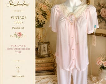Vintage Shadowline Pajamas 1980s NWT Pink Lace Rose Embroidered Yoke Pajama Top/Pants Size Small