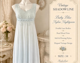 Camicia da notte vintage Shadowline in nylon azzurro, corpetto in doppio pizzo, finiture floreali con perle, taglia 34.