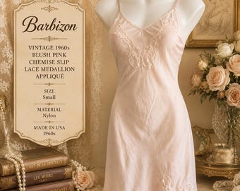 Vintage jaren 1960 Barbizon blush roze hemd slip kanten medaillon appliqué klein