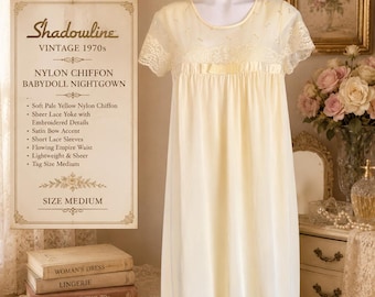 Vintage jaren 1970 Shadowline-nachtjapon gele nylon chiffon babydoll maat medium