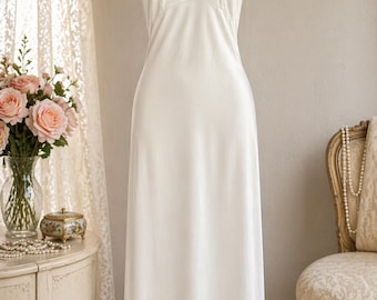 Vintage Sears Charmode White Nylon Maxi Slip | Size 36 | 1960s 70s Lingerie | Lace Trim