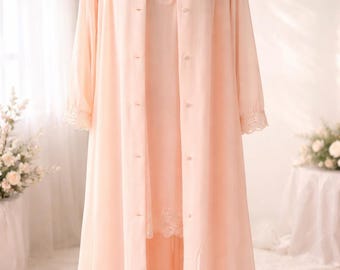 Conjunto de bata y camisón vintage Shadowline / Bata y camisón de nailon rosa / Ribete de encaje / Talla pequeña / Lencería de los años 70