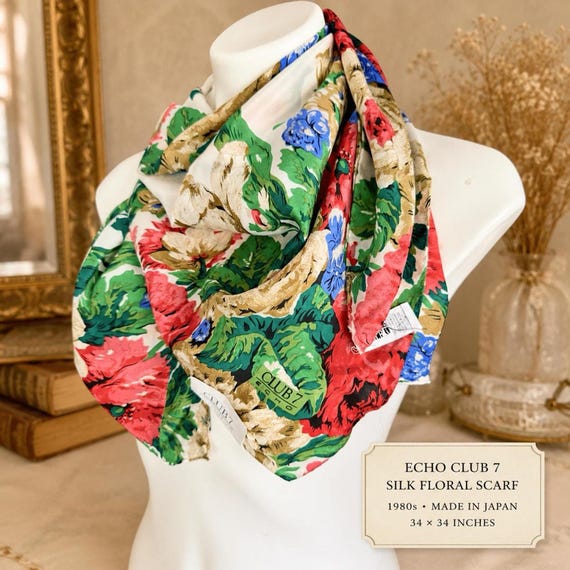 Vintage Echo Club 7 Silk Floral Scarf 1980s NWT Made in Japan 34x34