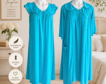 Shadowline Peignoir Set Vintage 1970s Aqua Turquoise Nylon Nightgown Robe Medium Scallop Lace Trim Satin Bow Vintage Lingerie