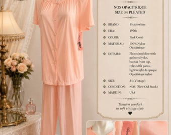 Shadowline 1970er Jahre Pink Coral Nylon Pyjama Set NOS Opazitrique Gr. 34 Plissee
